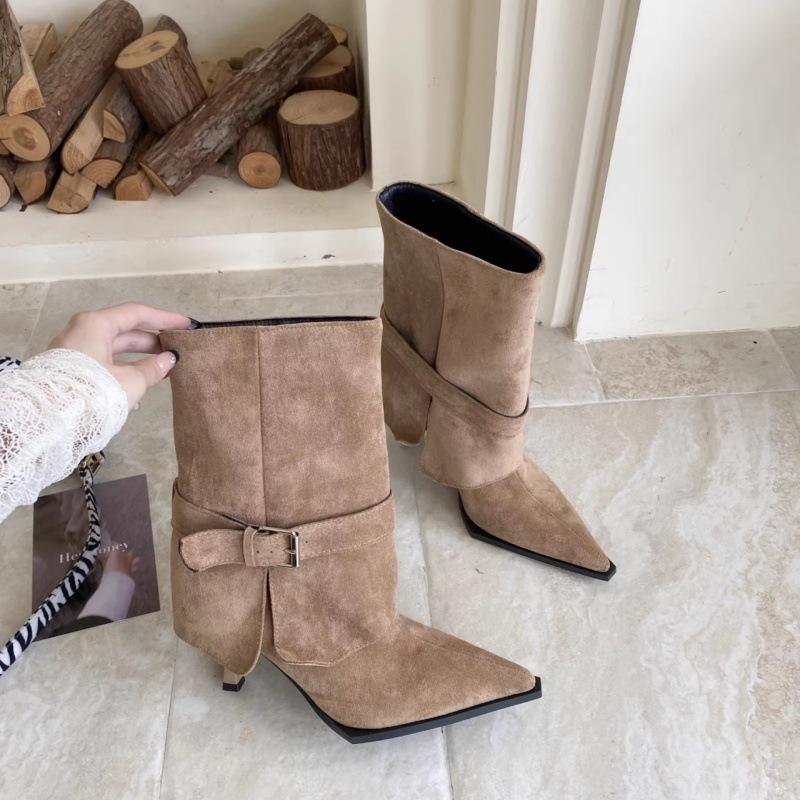 Beautiful pointed trousers boots women's autumn and winter new medium tube short boots thin legs thin high heels and ankle small naked boots