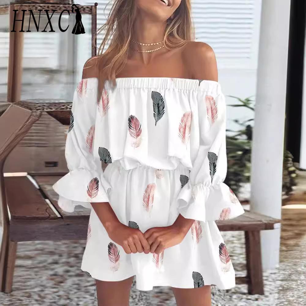 HNXC Women's Fashion Summer Spring Solid Color Print 1/2 Sleeves One Shoulder High Waist Casual Dresses