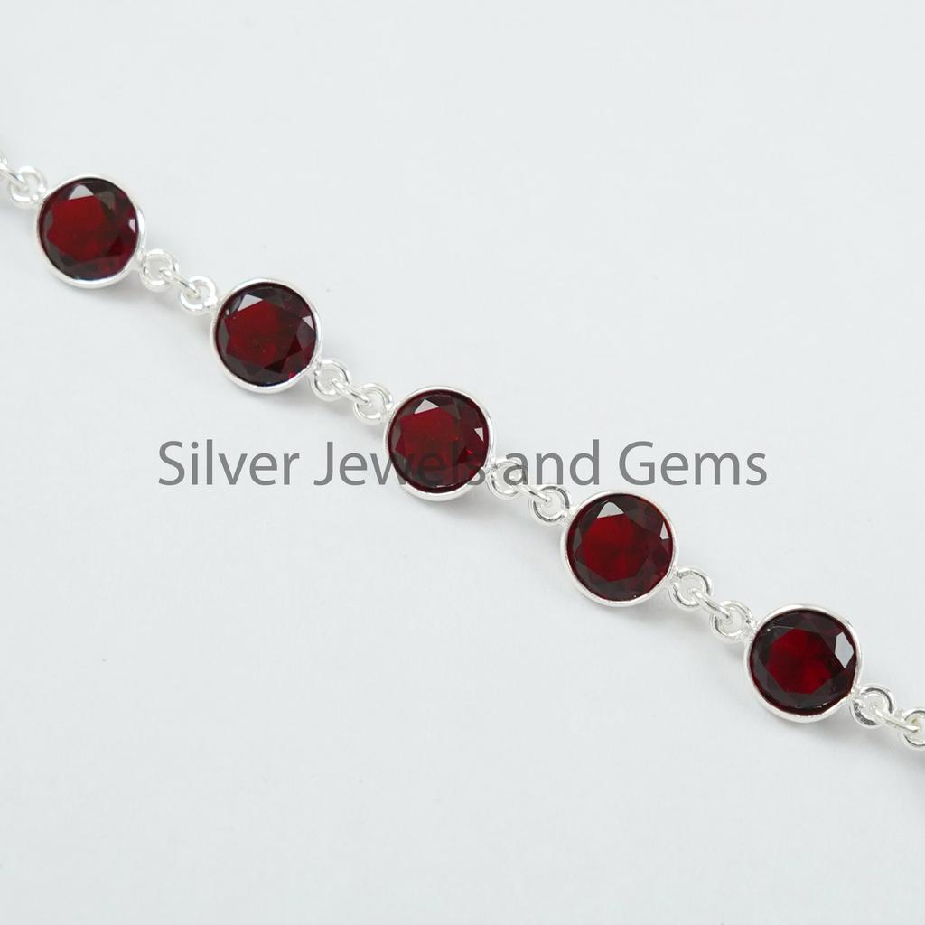 Round Garnet Bracelet, 925 Sterling Silver Bezel Bracelet