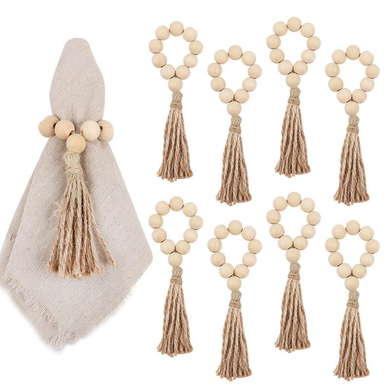 1/12Pcs Wooden Beads Napkin Rings with Tassels Rustic Wedding Table Napkin Holder Buckles Christmas Party Boho Home Decoration