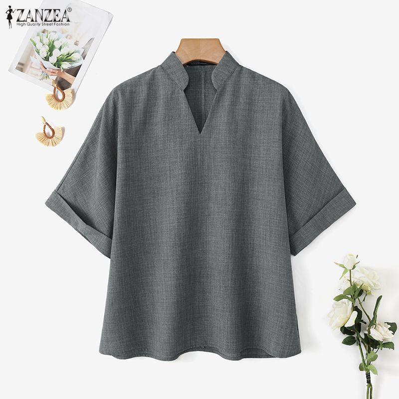 ZANZEA Women Casual V-Neck Solid Color Loose Half Sleeve Blouse
