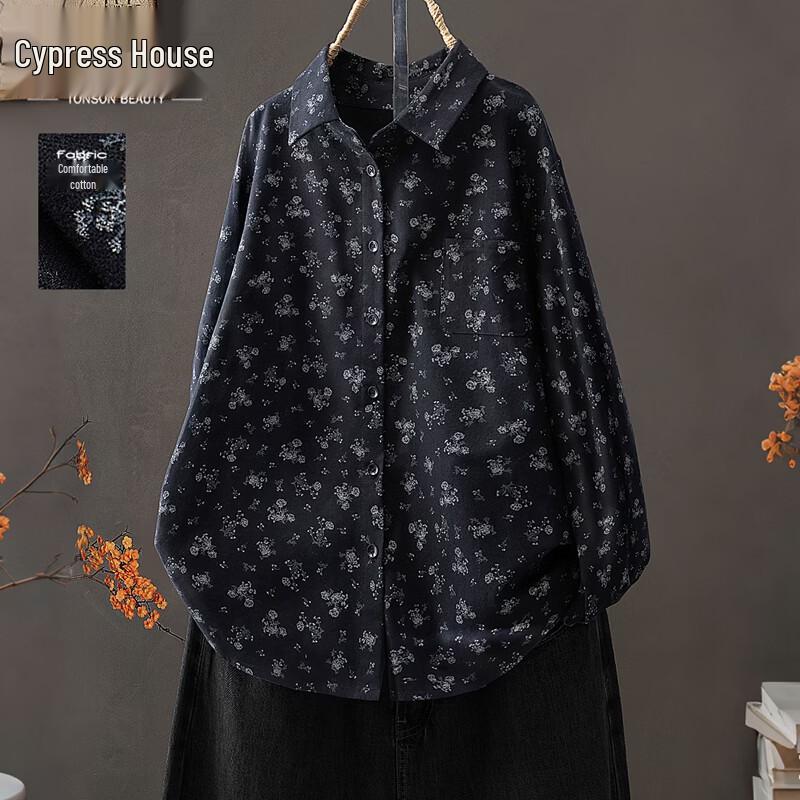 Women's Retro Floral Lapel Long Sleeve Shirt
