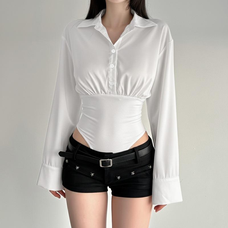 Women's Solid Color Design Button Jumpsuit Shirt Long Sleeve Lapel Slim Fit Fashion Top