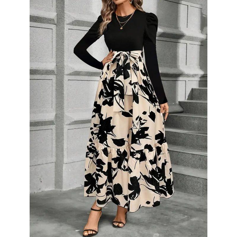 

Color Blocked High Waisted Floral Print Dress High Waist Color Block Dress black 2XL