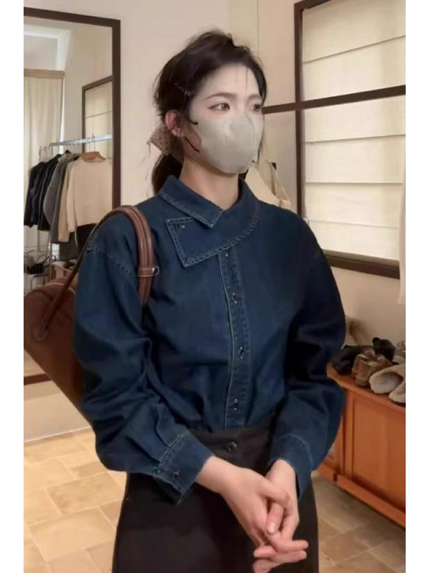 

Women s Korean Style Blue Cross-Collar Denim Shirt – New Spring/Autumn Arrival, Petite Fit, Perfect for Layering, Loose Casual Top L (suggested for 115-130 jin) синий