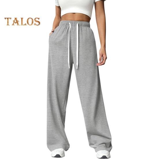 Pantaloni pentru femei cu talie înaltă elastică, cu șnur reglabil, pantaloni drepti cu picior largi, cu buzunare, pantaloni casual de culoare uni