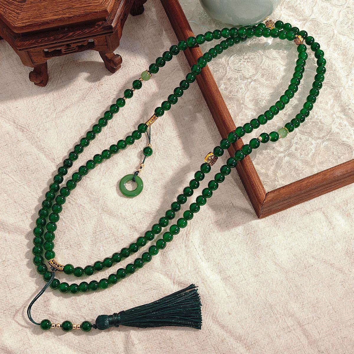Emerald Ping An Kou Beaded Tassel Necklace - Women s Luxury Long Sweater Necklace