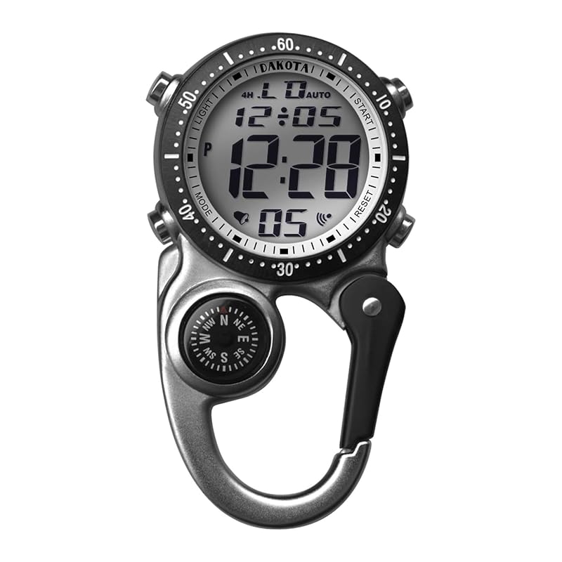 Dakota Pocket Watch with Carabiner, Digital, Waterproof, Alarm, Stopwatch, Timer, Compass, for Outdoor Activities, Camping, Hiking, and Travel