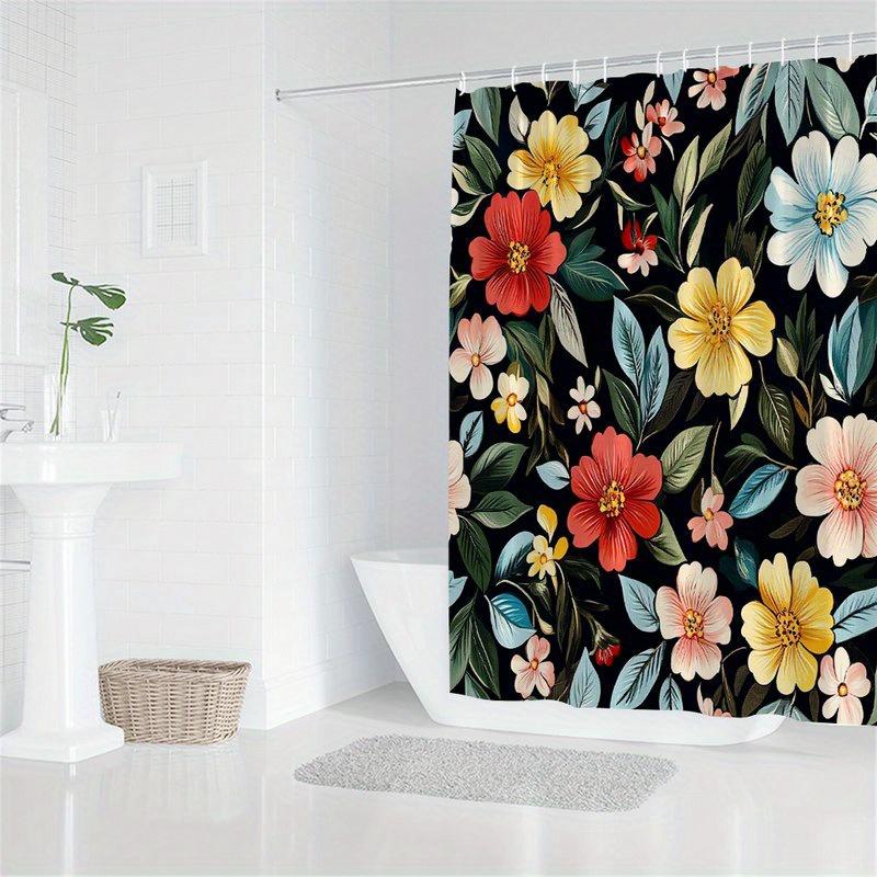 1 Vibrant Vintage Botanical Floral Shower Curtain - Red, yellow, pink and white flowers with green on a bold black background