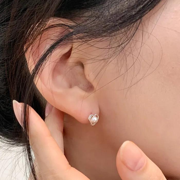 [925 Silver] Heart Ribbon Mini Swarovski Pearl Earrings 5-Piece Collection
