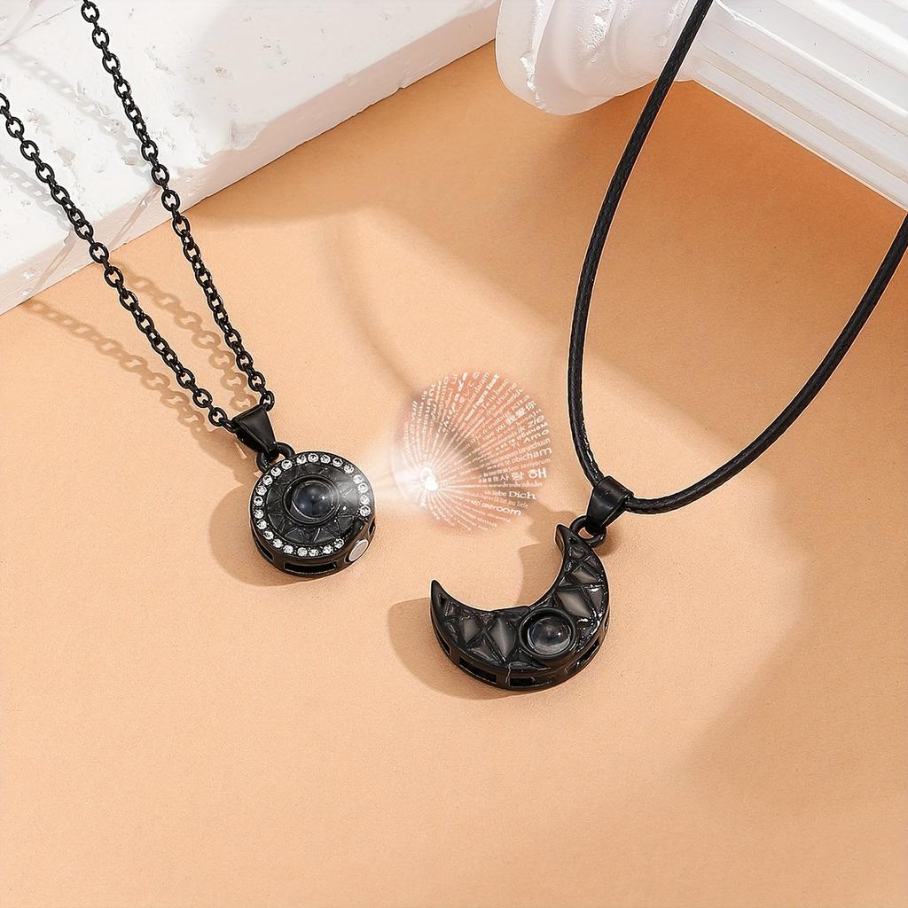 Magnetic Sun & Moon Projection Pendant Necklaces for Couples - 2pcs Set, 'I Love You' In 100 Languages, Perfect Valentine's Gift