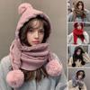 2 In 1 Hat And Scarf Set Winter Knitted Hooded Scarf Soft Warm Crochet Hat Scarf Set with Faux Fur Pompom Ball for Cold Weather