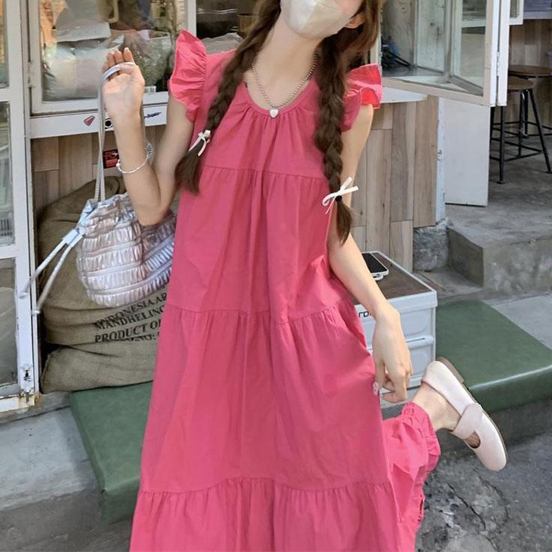 Sweet Flying Sleeve Dress for Women New Spring Fresh Loose Design Round Neck Long Skirt Chic