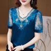 4XL Women Shirt V Neck Stitching Satin Lace Blouse Summer Short Sleeve Flower Mesh Tops Blusa Feminina