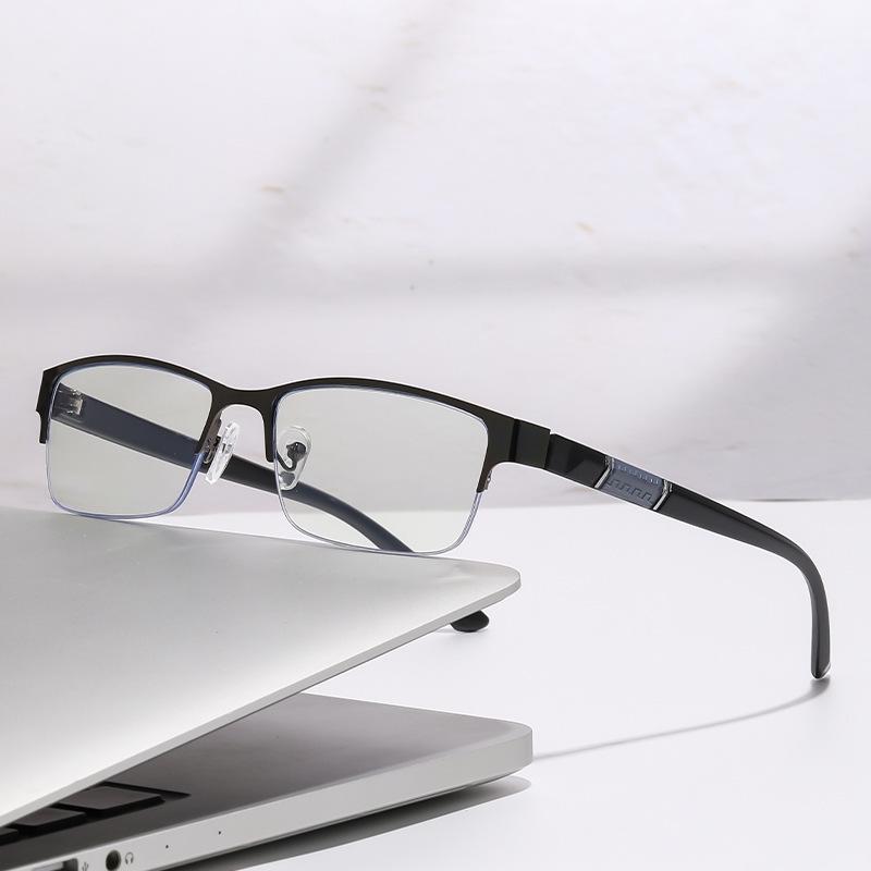 Brushed Men's Half-Frame Anti-Blue Light Myopia Glasses - Retro Square Eyebrow Frame