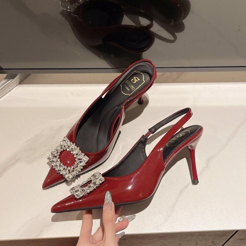 Fashion Summer Women Sandals New Women's Shoes Pointed Toe Shallow Nude Pink Diamond Shoes Low Heel Back Strappy Shoes Women