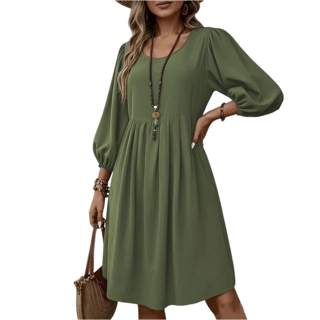 Women's Fashion Elegant Holiday Solided Color Round Neck 3/4 Sleeve Cotton Polyester Midi Dress