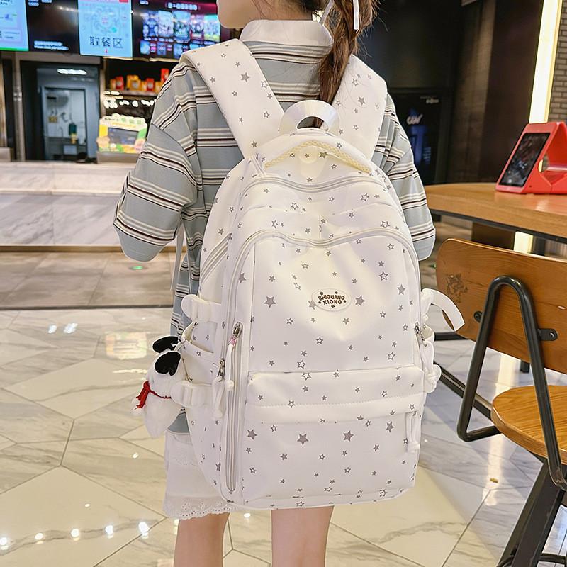 Star Pattern Simple Student Backpack With Plush Pendant For Casual Daily
