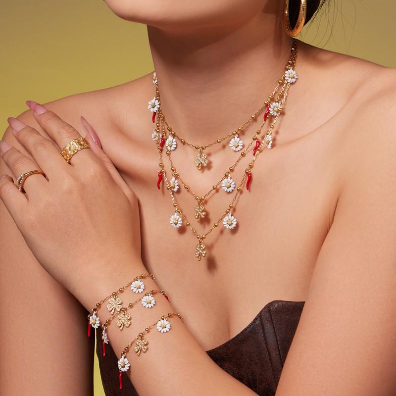 Stainless Steel Lucky Clover Daisy Pendant Necklace Bracelet Set Women Gold Mixed Color Fashion Jewelry
