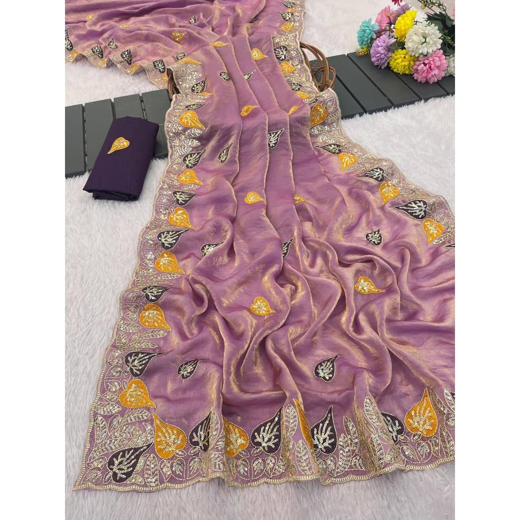 Saris purs et doux en satin Fandy avec d'incroyables sequins de 3 mm et du travail au fil multicolore