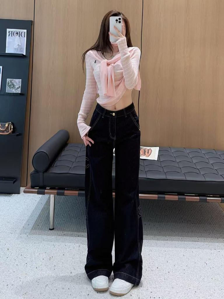 Women's Dark Blue Patchwork Embroidered Wide-Leg Jeans - Versatile, Slimming, Temperament Style.