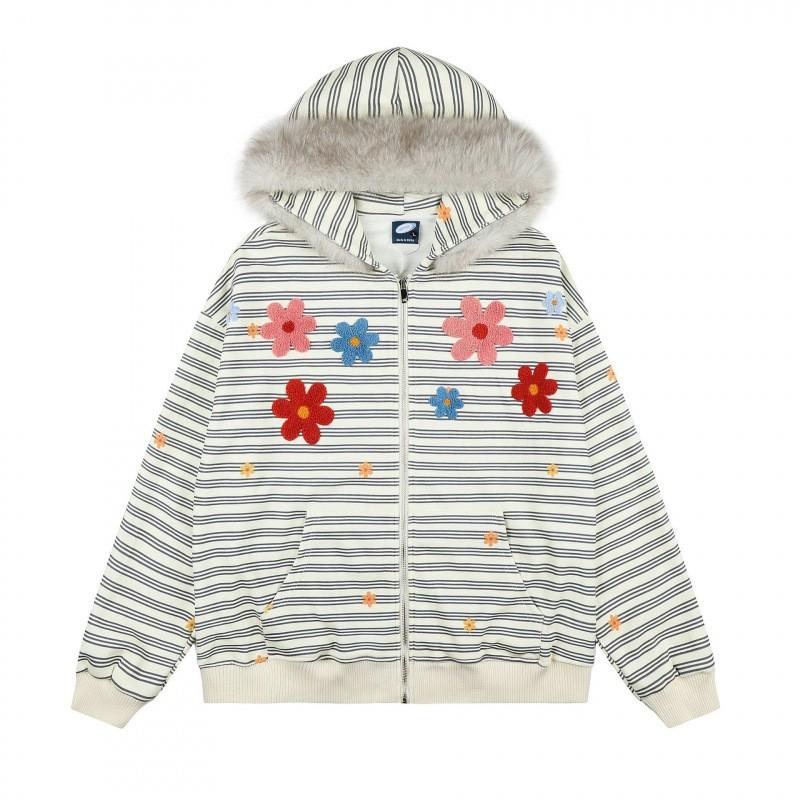 Unisex Retro Floral Stripe Hooded Zip-Up Sweatshirt Oversized Streetwear Pullover Youth