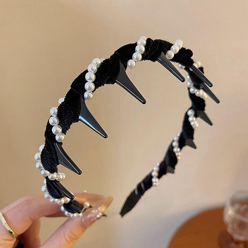 For Women Girls Fashion Sweet Anti-Slip Toothed Hairband Hair Accessories Vintage Velvet Pearl Wave Top Hairband
