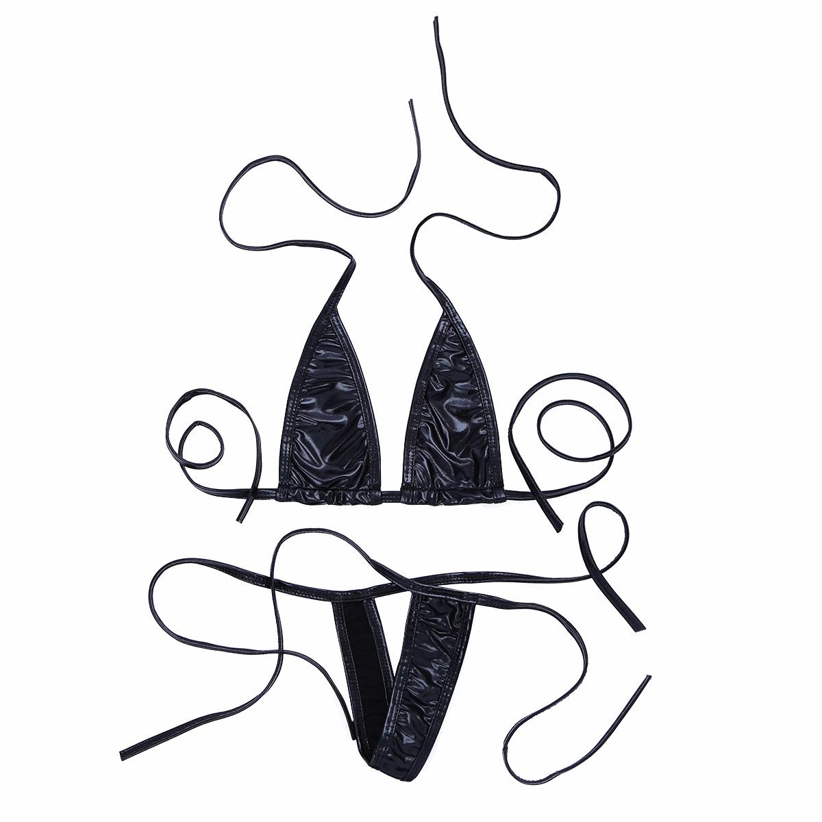 

Sexy Halter Neck Bikini Swimsuit for Women with Thong G String Bottom Beachwear Set One Size чорний