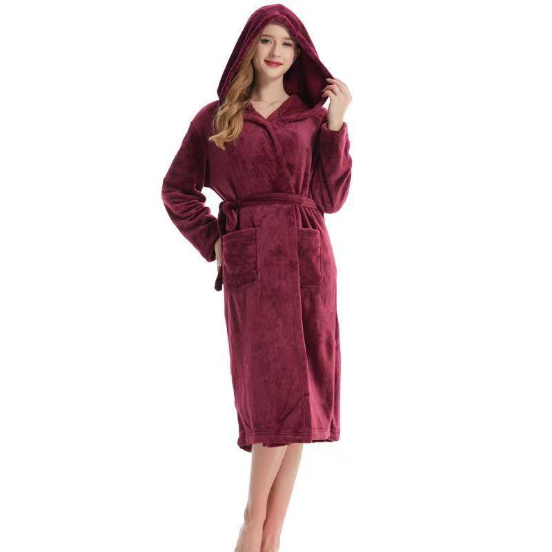 Damen Flanell Morgenmantel in mittlerer Länge: Plüschiger Samt Dicker Korallenfleece Yukata für Herbst und Winter.