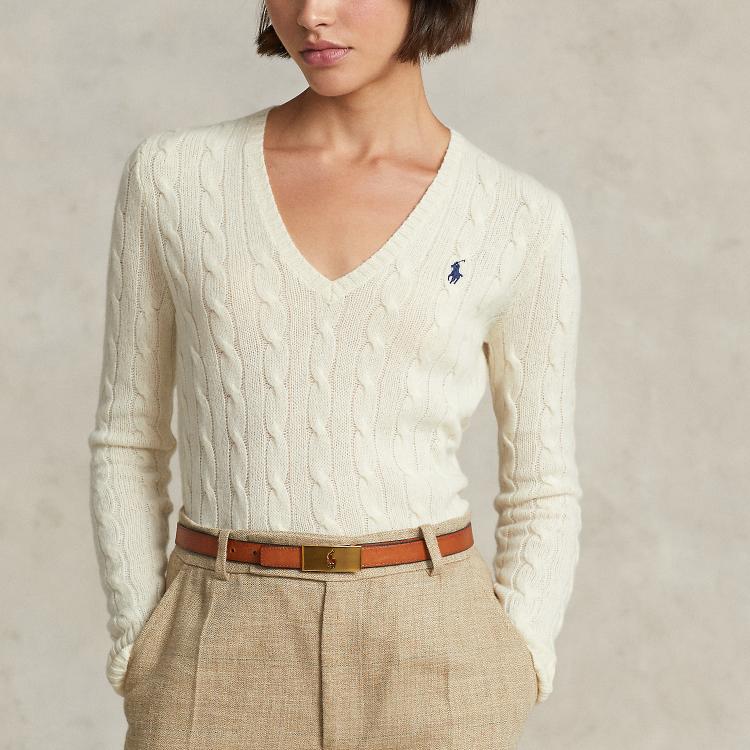 Polo Ralph Lauren Ss22 Solid Color Logo Embroidered V-Neck Long Sleeve Wool Sweater Women Sweater White WMPOSWENC020427-100