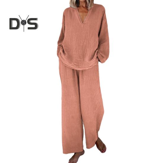 

Женский свободный комплект из 2 предметов: топ с длинным рукавом и V-образным вырезом, широкие брюки с карманами, повседневная домашняя одежда, спортивный костюм L оранжевый