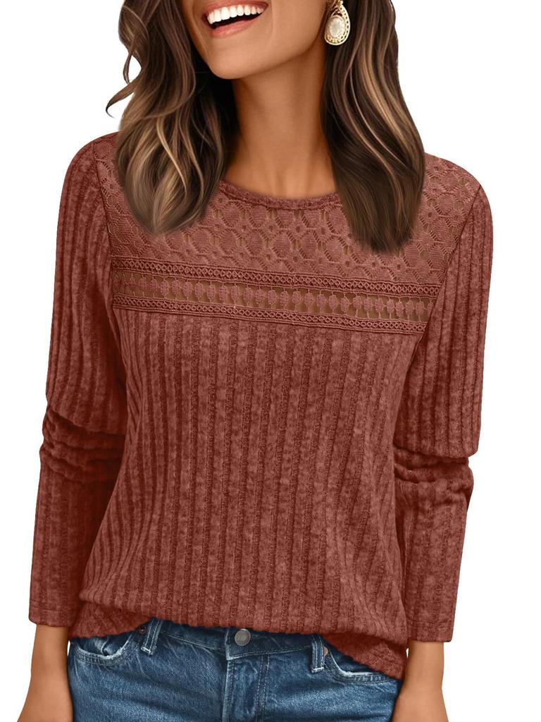 Women's Round Neck Long Sleeve Knit Top with Lace Insert and Contrast Band