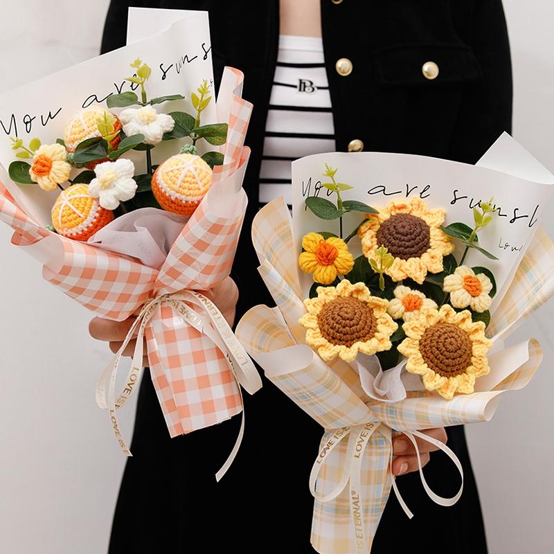 Crochet Bouquet Flower Graduation Bouquet Woven Artificial Flower Wedding Gift Finished Sunflower Graduation Back To School Gift