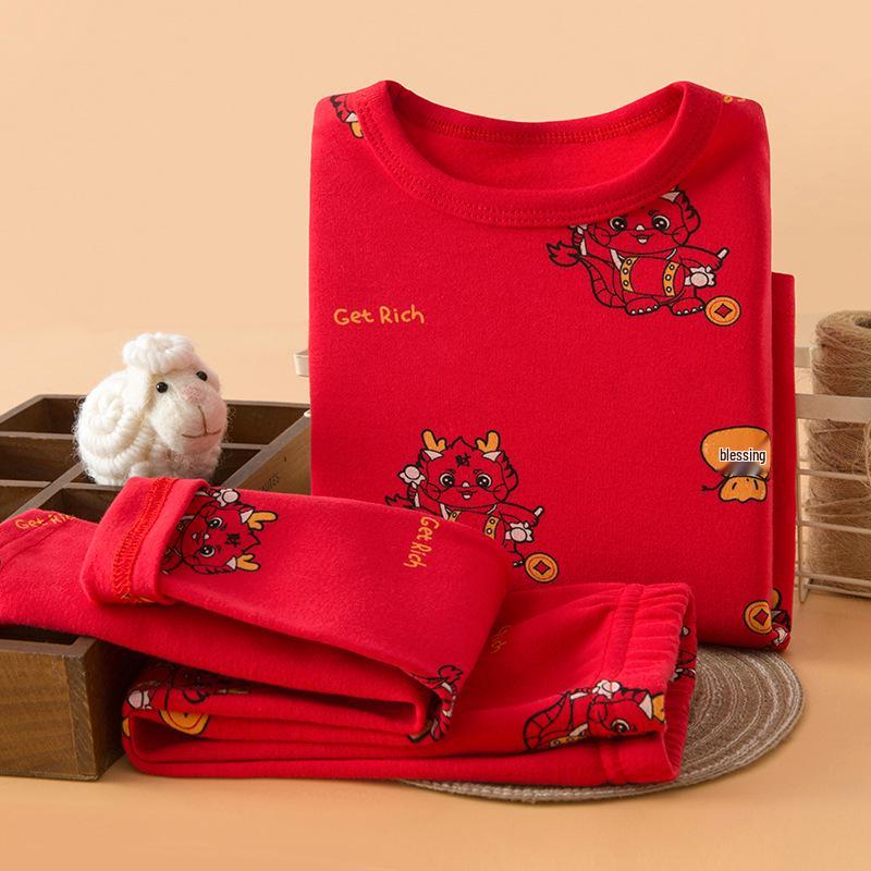 Children's Autumn/Winter Horse Year Red Long Johns Set - Pure Cotton Warm Pajamas