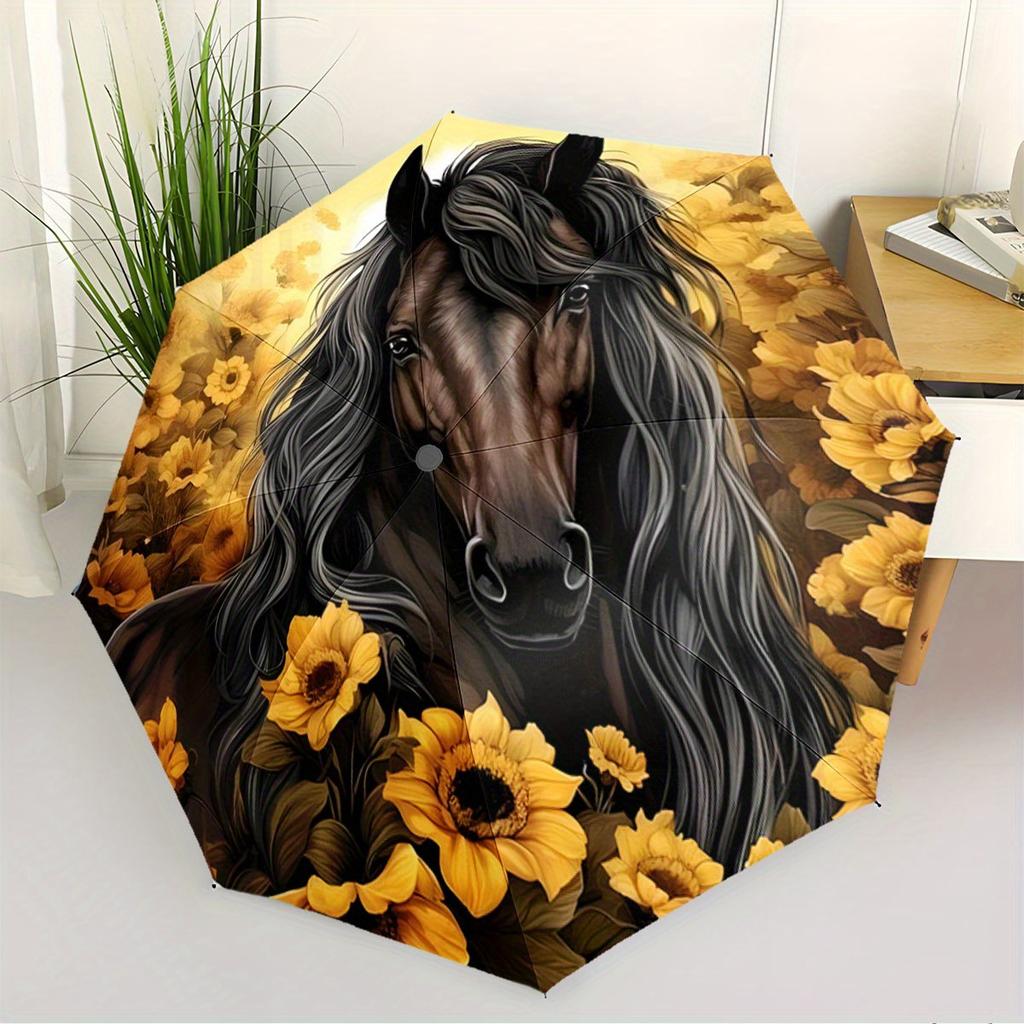 Automatic Folding Umbrella with Horse & Sunflower Design - Portable Collapsible 8-Rib Umbrella for All Seasons, Stylish Outdoo
