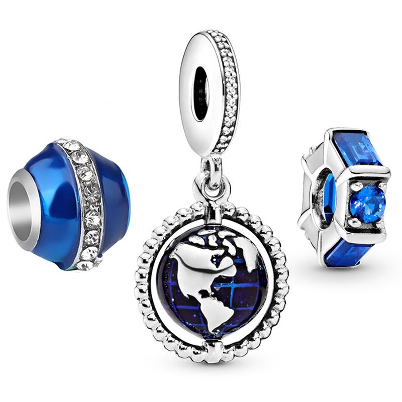 3pcs /Lot Blue Enamel Globe Charms Beads Star Pendant Fit Diy Brand Charm Bracelets Necklaces For Women Fashion Jewelry Making