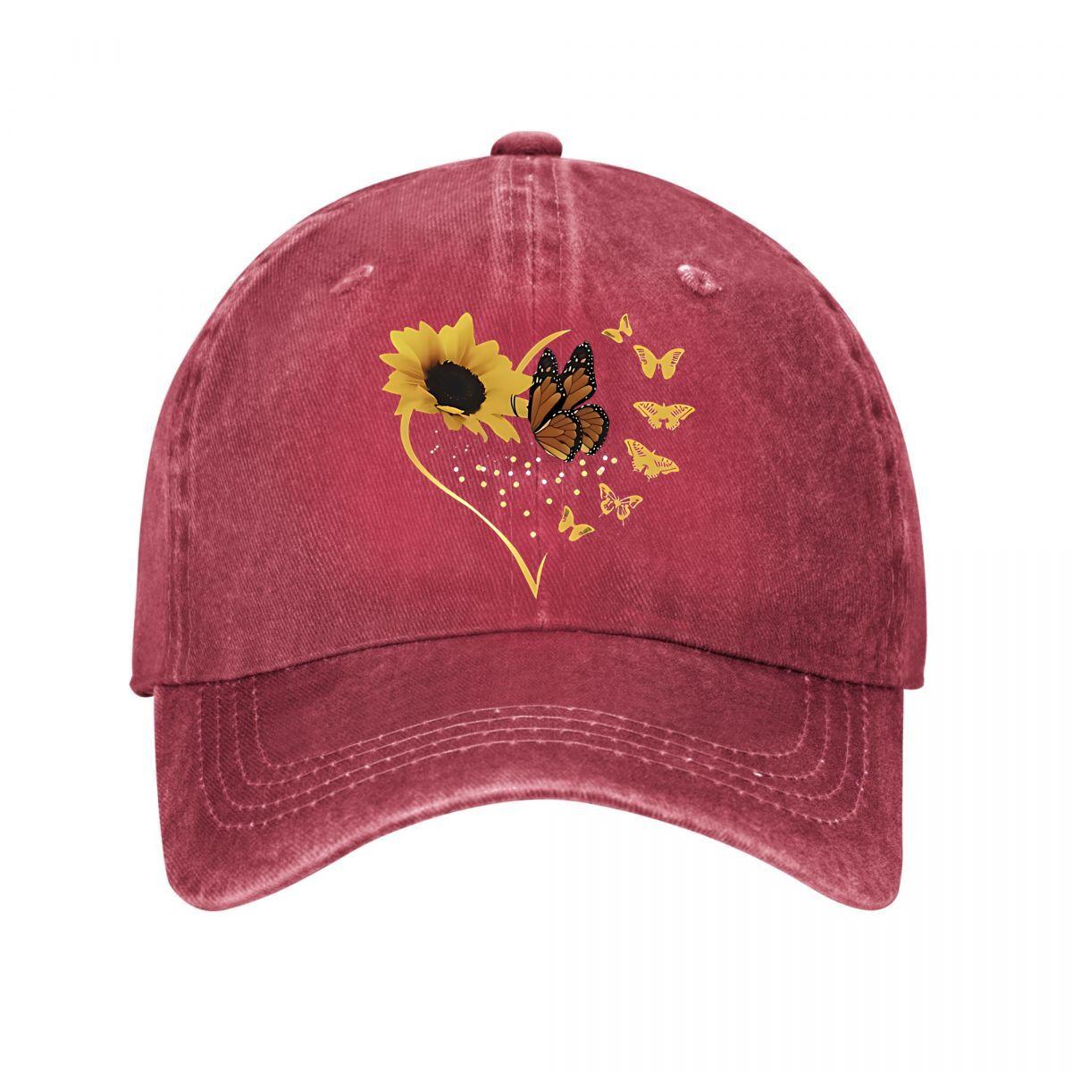 Golden Sunflower Butterfly Heart Wall Art New Vintage Washed Cotton Baseball Cap Parent Kids Sun Hats Adjustable