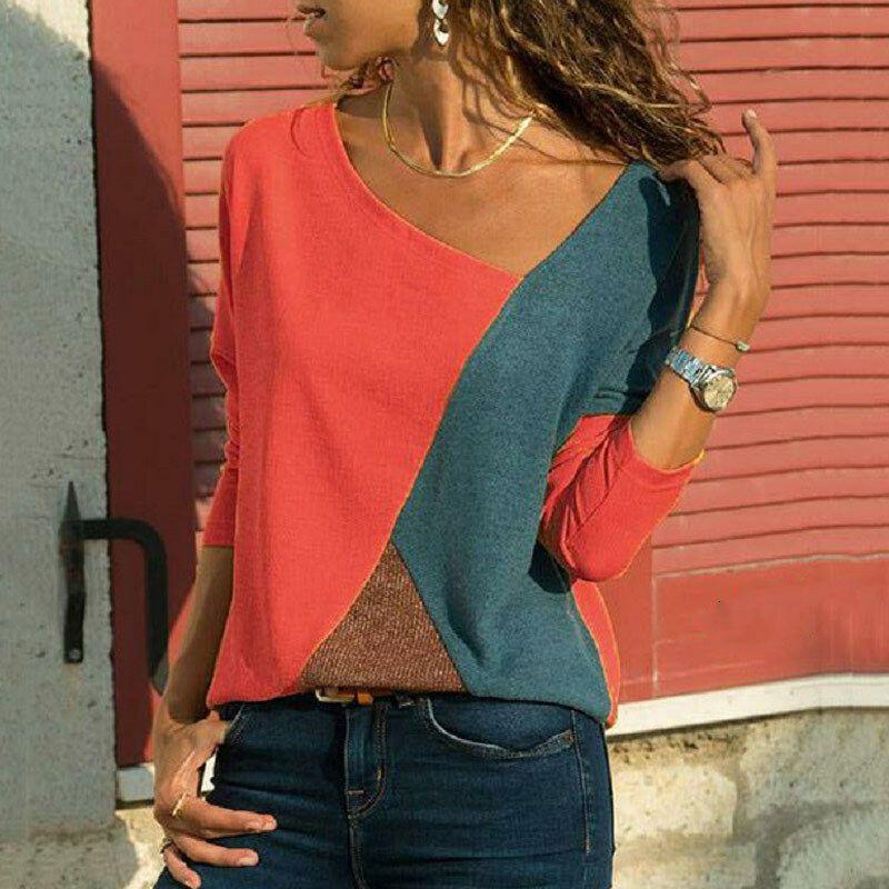 Elegant Women T-shirts Long Sleeve Round Neck Patchwork Pullover Slim Fit Female Tops