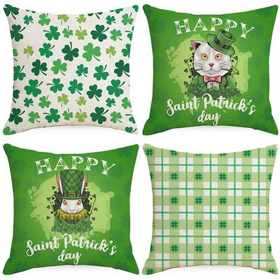 St. Patrick's Day Pillow Cover Green Four-Leaf Crop Line Print Home Pillow Cover Cushion Cover