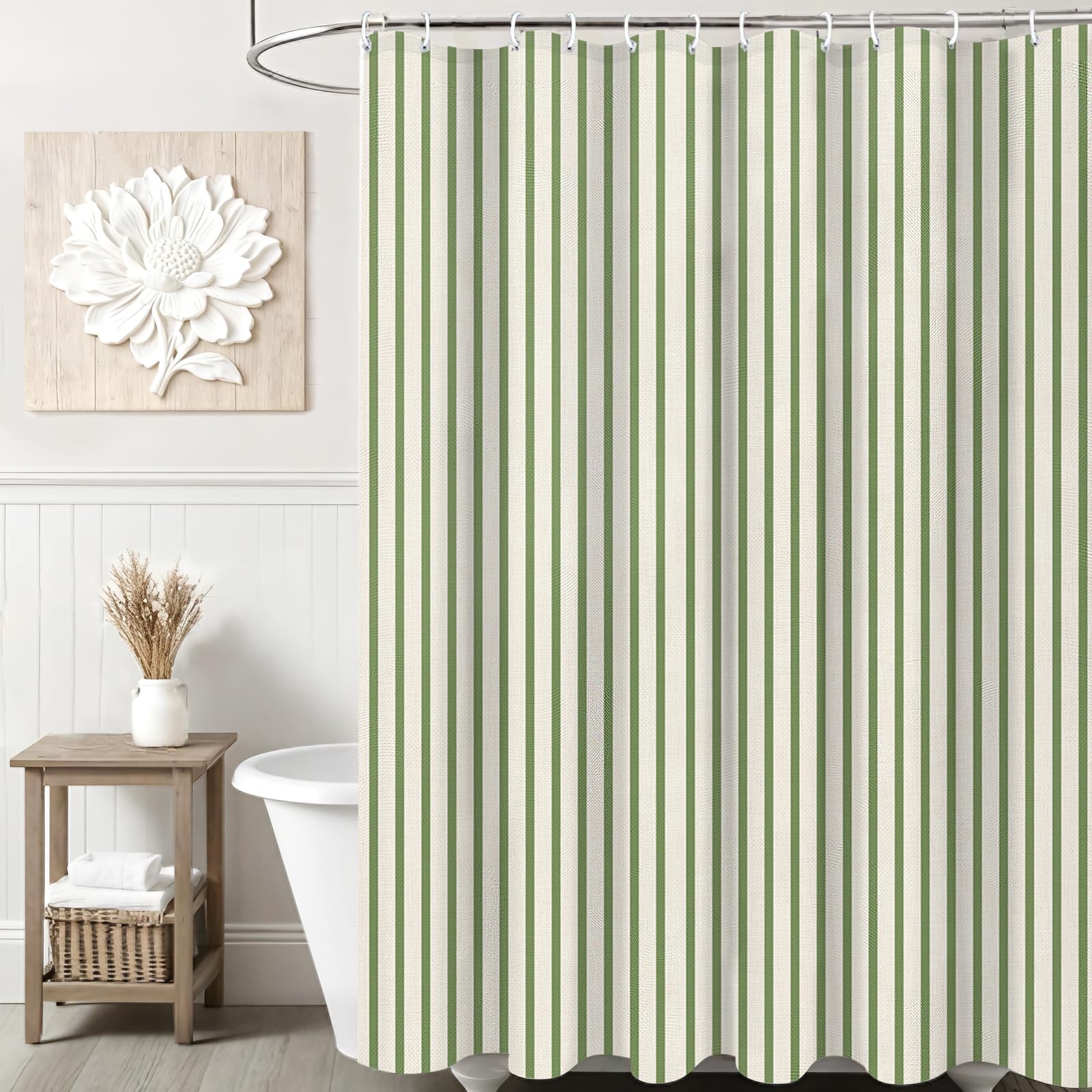 Saliegroen Beige Gestreept Douchegordijn Waterdichte Stof Badkamer Gordijn met Haken Klassieke Verticale Streep Badkamer Decoratie W90xH180cm-35x70in