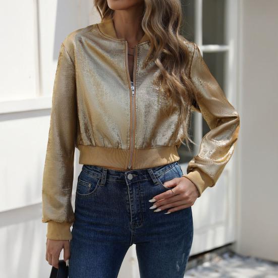 Veste de baseball universitaire métallique pour femme Zippée Manches longues Manteau court Vêtement d'extérieur décontracté Automne Hiver