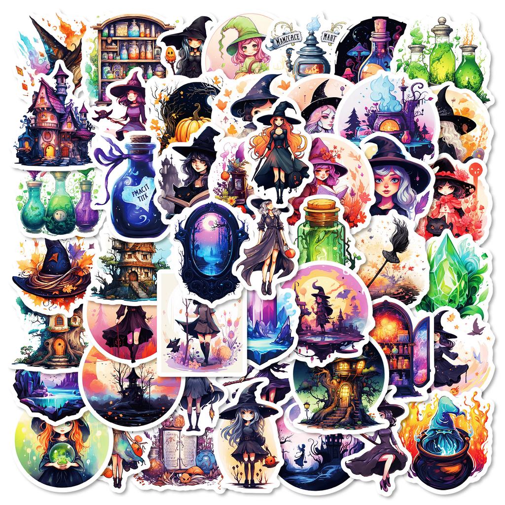50pc/pack  Halloween Gothic Aesthetic Stickers, Waterproof Retro Witch Stickers DIY Decorative Stickers for Phone Bag Kettle Kid