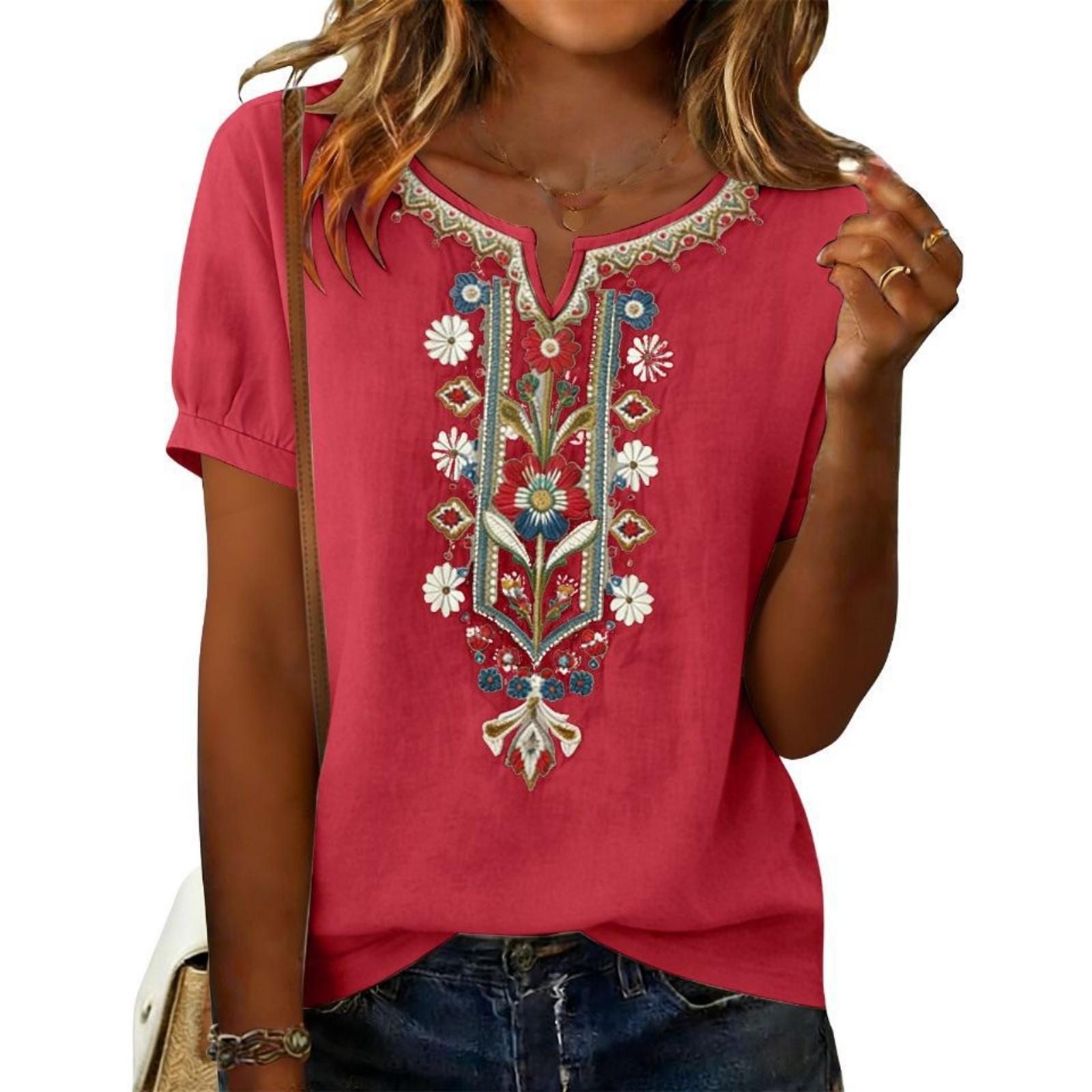 Women s Fashionable Oversized Embroidered V-Neck Short-Sleeve Shirt Casual Top XL красный