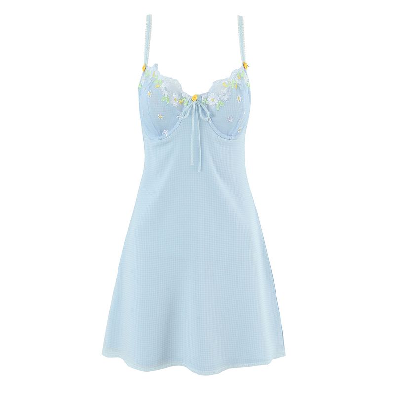 

Blue Dream Thai Niche Super Sweet and Spicy Sexy Flower Embroidered Satin Suspender Skirt Backless Nightdress Dress Blue Dream (with steel ring) L