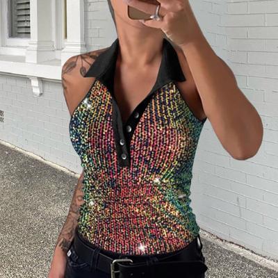 Women Vest Lapel V-Neck Sleeveless Off Shoulder Tops Shiny Sequins Tank Tops Holidays