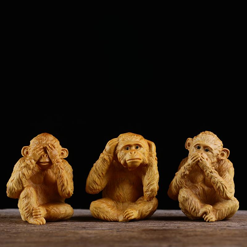 Estatua de Animales de los Tres Monos No Mires No Escuches No Digas Talla en Boj Artesanía Creativa de Talla en Madera Decoración de Coche