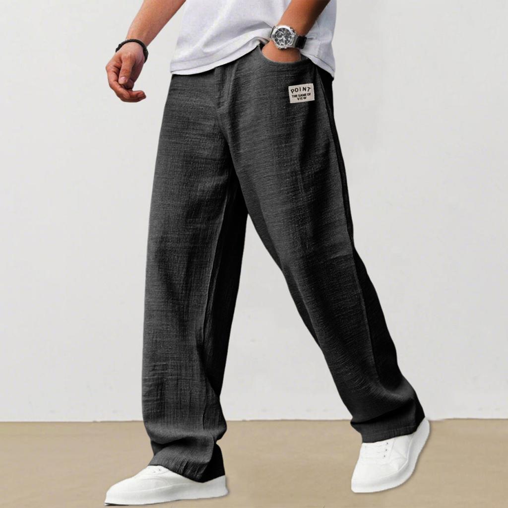 Men's Casual Loose Fit Linen Trousers Lightweight Breathable Straight Leg Pants Elastic Waist Drawstring Design