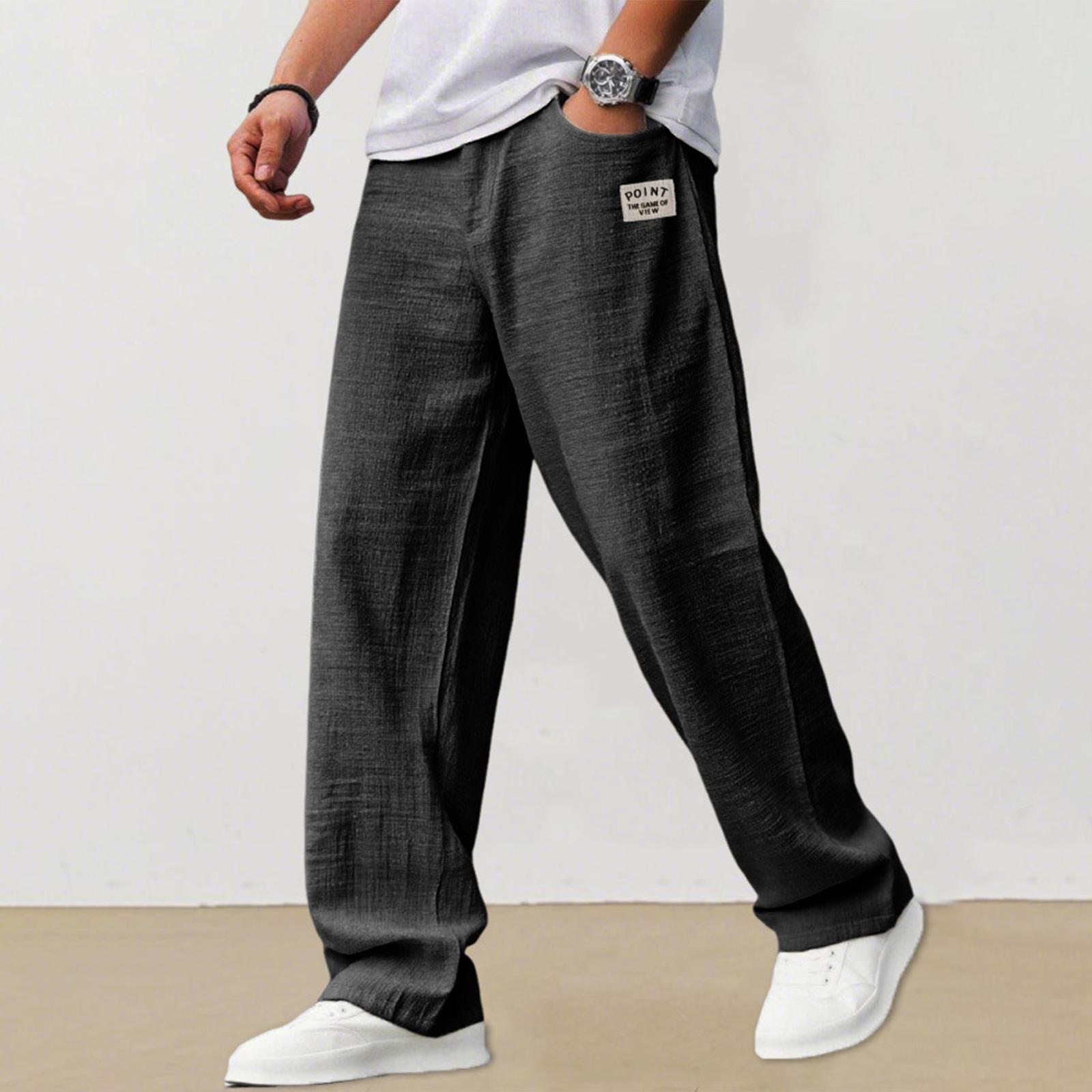 

Men s Casual Loose Fit Linen Trousers Lightweight Breathable Straight Leg Pants Elastic Waist Drawstring Design L чёрный