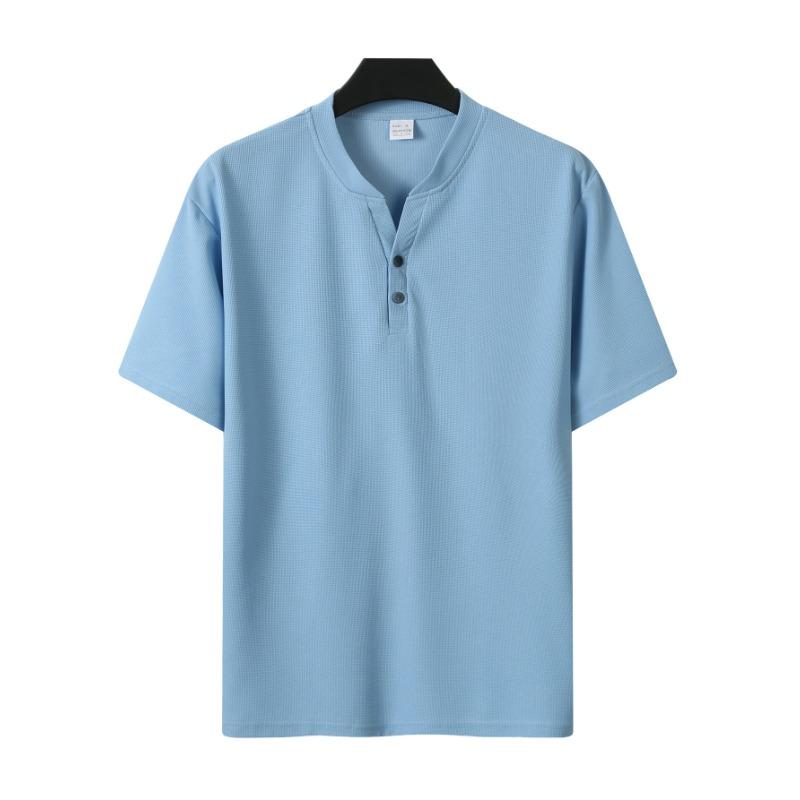 Maglietta da uomo a maniche corte con scollo Henley in maglia a coste, vestibilità slim, chiusura con bottoni sul davanti, tinta unita, top casual