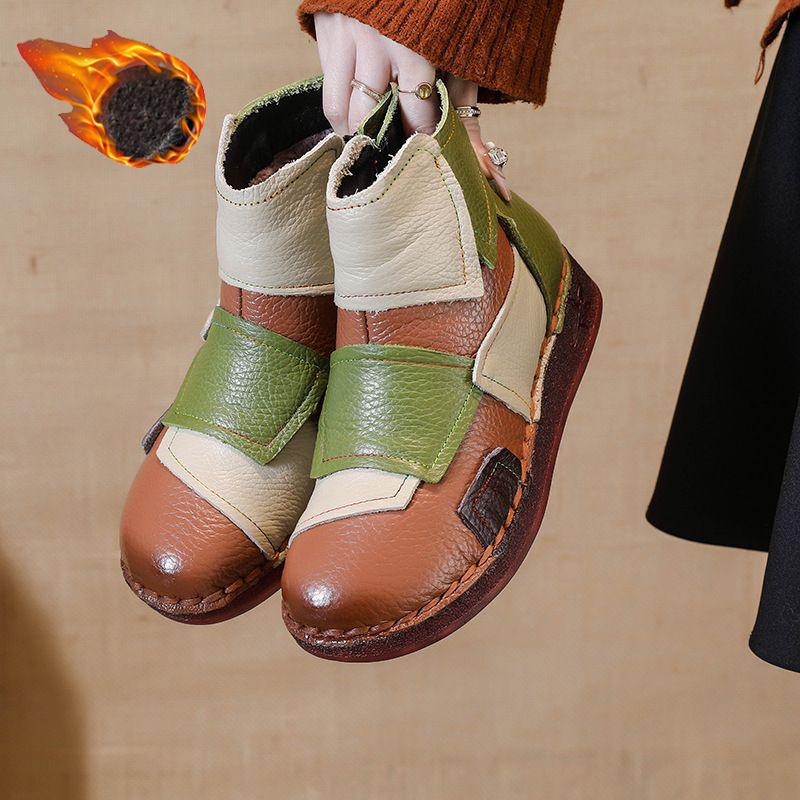 Vintage patches genuine leather ankle boots woman luxury snow shoes waterproof short plush boot women autumn booties lady flats